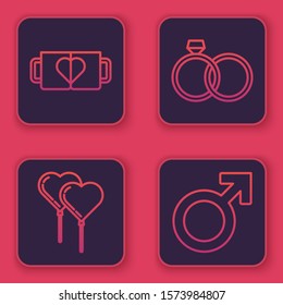 Set line Two coffee cup and heart, Balloons in form of heart with ribbon, Wedding rings and Male gender symbol. Blue square button. Vector
