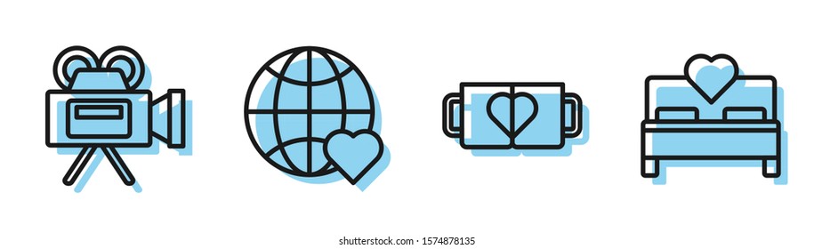 Set line Two coffee cup and heart, Cinema camera, The heart world love and Bedroom icon. Vector