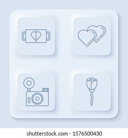 Set line Two coffee cup and heart, Two Linked Hearts, Photo camera and Flower rose. White square button. Vector