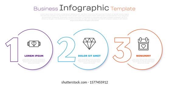 Set line Two coffee cup and heart, Diamond and Calendar with heart. Business infographic template. Vector