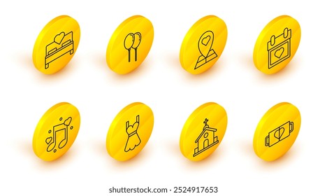Set line Two coffee cup and heart, Church building, Woman dress, Music note, tone with hearts, Calendar, Map pointer, Balloons ribbon and Bedroom icon. Vector