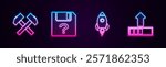 Set line Two crossed hammers, Unknown document, Rocket ship with fire and Loading. Glowing neon icon. Vector