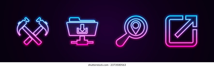 Set line Two crossed hammers, FTP folder download, Search location and Open in new window. Glowing neon icon. Vector
