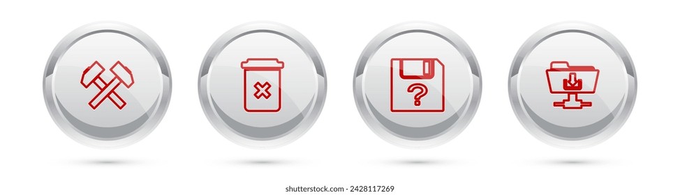 Dos martillos cruzados, papelera, documento desconocido y descarga de carpeta FTP. Botón de círculo plateado. Vector