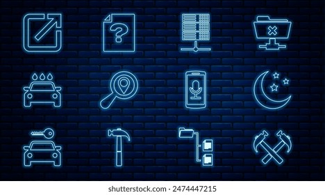 Dos martillos cruzados, Luna y estrellas, Servidor, Datos, Alojamiento de Web, Ubicación de la Búsqueda, Lavado de coches, Abrir nueva ventana, Grabación móvil e Icono de documento desconocido. Vector