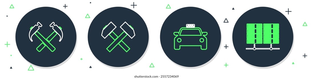 Set line Two crossed hammers, Taxi car,  and Server, Data, Web Hosting icon. Vector