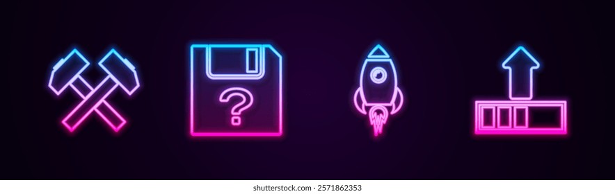 Set line Two crossed hammers, Unknown document, Rocket ship with fire and Loading. Glowing neon icon. Vector