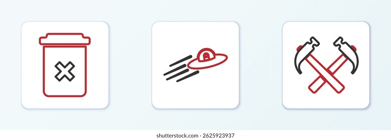 Set line Two crossed hammers, Trash can and UFO flying spaceship and alien icon. Vector