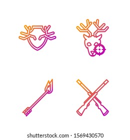 Set line Two crossed shotguns, Flame arrow, Deer antlers on shield and Hunt on deer with crosshairs. Gradient color icons. Vector