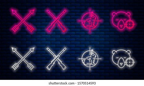 Set line Two crossed shotguns, Hunt on rabbit with crosshairs, Crossed arrows and Hunt on bear with crosshairs. Glowing neon icon on brick wall. Vector