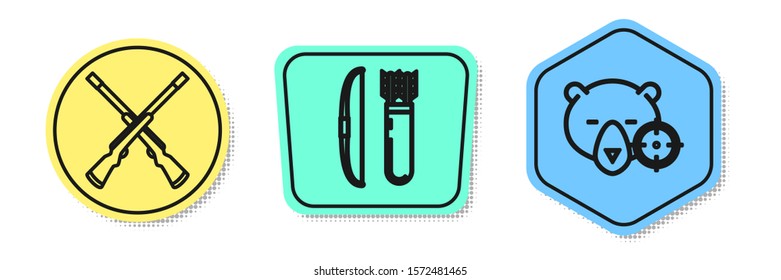 Set line Two crossed shotguns, Bow and arrow in quiver and Hunt on bear with crosshairs. Colored shapes. Vector