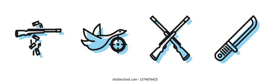 Set line Two crossed shotguns, Gun shooting, Hunt on duck with crosshairs and Hunter knife icon. Vector
