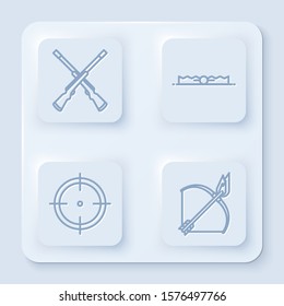 Set line Two crossed shotguns, Trap hunting, Target sport for shooting competition and Bow and fire arrow. White square button. Vector