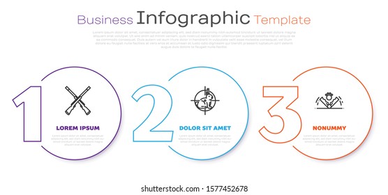 Set line Two crossed shotguns, Hunt on rabbit with crosshairs and Trap hunting. Business infographic template. Vector
