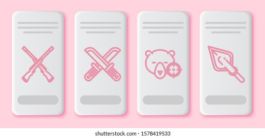 Set line Two crossed shotguns, Crossed hunter knife, Hunt on bear with crosshairs and Hipster arrow tip. White rectangle button. Vector