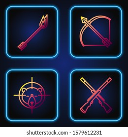 Set line Two crossed shotguns, Hunt on bear with crosshairs, Flame arrow and Bow and arrow in quiver. Gradient color icons. Vector