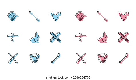 Set line Two crossed shotguns, Moose head on shield, Flying duck, Flame arrow, Rabbit, Crossed hunter knife, Gun shooting and Hipster icon. Vector