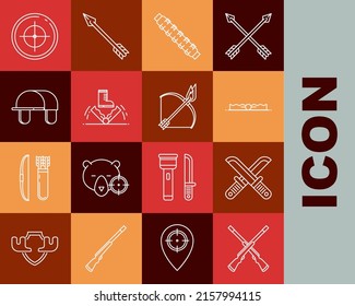 Set line Two crossed shotguns, Crossed hunter knife, Trap hunting, Hunting cartridge belt with cartridges, Hunter hat, Target sport for shooting competition and Bow and fire arrow icon. Vector