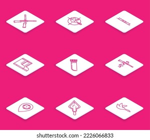 Set Line Zwei gekreuzte Schusswaffen, Jagd auf Ente mit Crosshairs, Trap Jagd, Jäger Stiefel, Quiver Pfeile, Schusswaffen, Platz und Hipster Tipp Icon. Vektorgrafik