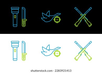 Fijar la línea dos escopetas cruzadas, Flashlight y cuchillo y Hunt en pato con icono de cruz. Vector