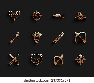 Set line Two crossed shotguns, Bear head, Moose with horns, Bow and fire arrow, Hunt on rabbit crosshairs, Deer antlers, in quiver and Hunter knife icon. Vector