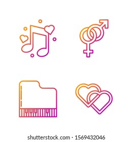 Set line Two Linked Hearts, Grand piano, Music note, tone with hearts and Gender. Gradient color icons. Vector