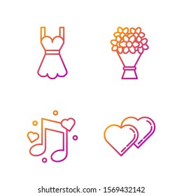 Set line Two Linked Hearts, Music note, tone with hearts, Woman dress and Bouquet of flowers. Gradient color icons. Vector