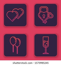 Set line Two Linked Hearts, Balloons with ribbon, Castle in the shape of a heart and key and Glass of champagne. Blue square button. Vector