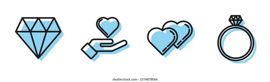Set line Two Linked Hearts, Diamond, Heart on hand and Diamond engagement ring icon. Vector