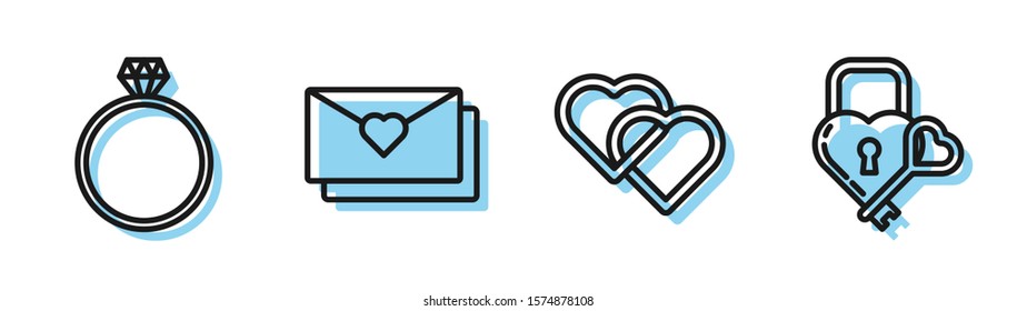Set line Two Linked Hearts, Diamond engagement ring, Envelope with Valentine heart and Castle in the shape of a heart and key icon. Vector