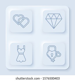 Set line Two Linked Hearts, Diamond, Woman dress and Castle in the shape of a heart and key. White square button. Vector