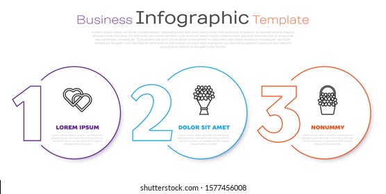 Set line Two Linked Hearts, Bouquet of flowers and Flowers in a basket. Business infographic template. Vector