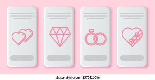 Set line Two Linked Hearts, Diamond, Wedding rings and Candy in heart shaped box and bow. White rectangle button. Vector