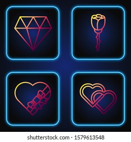 Set line Two Linked Hearts, Candy in heart shaped box and bow, Diamond and Flower rose. Gradient color icons. Vector