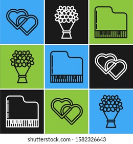 Set line Two Linked Hearts, Grand piano and Bouquet of flowers icon. Vector
