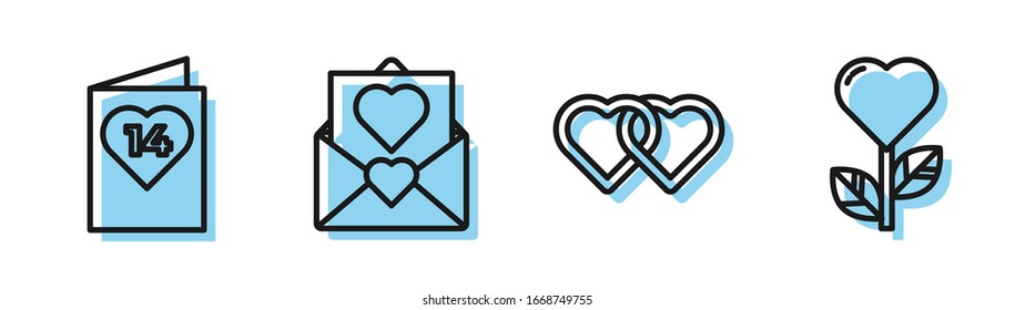 Fijar la línea Dos corazones enlazados, el volante de San Valentín con el corazón, sobre con el corazón de San Valentín y forma Corazón en un icono floral. Vector
