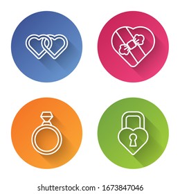 Línea Dos Corazones Vinculados, Candy en la caja en forma de corazón, anillo de compromiso Diamante y Castillo en forma de corazón. Botón de círculo de color. Vector
