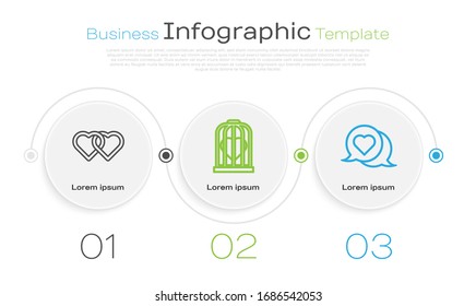 Set line Two Linked Hearts, Heart in the bird cage and Heart in speech bubble. Business infographic template. Vector