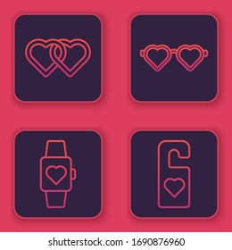 Set line Two Linked Hearts, Heart in the center wrist watch, Heart shaped love glasses and Please do not disturb with heart. Blue square button. Vector