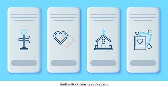 Set line Two Linked Hearts, Church building, Signpost with heart and blanks photo frames and hearts icon. Vector