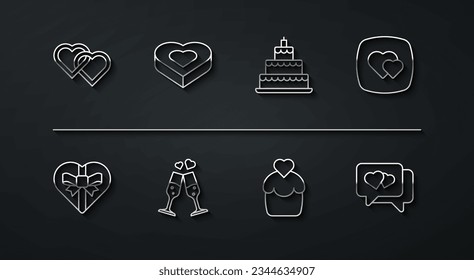 Set line Two Linked Hearts, Candy heart shaped box, Wedding cake, Glass of champagne, speech bubble and  icon. Vector
