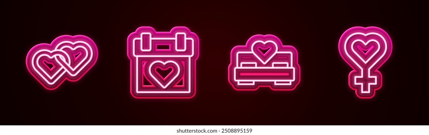 Set line Two Linked Hearts, Calendar, Bedroom and Female gender symbol. Glowing neon icon. Vector