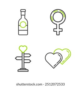Set line Dos corazones vinculados, Señal con corazón, símbolo de género femenino e icono de botella de champán. Vector