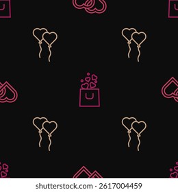 Set line Two Linked Hearts, Balloons form of heart and Shopping bag with on seamless pattern. Vector