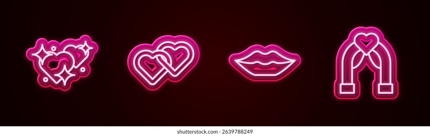 Set line Two Linked Hearts, , Smiling lips and Wedding arch. Glowing neon icon. Vector