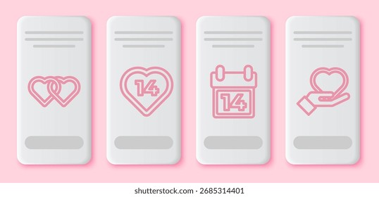 Set line Two Linked Hearts, Heart, Calendar with February 14 and Heart on hand. White rectangle button. Vector