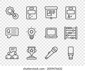 Set Line Two Sitting Men Talking, USB Flash Drive, Projection Screen, Award Cup, Timing Belt Kit, Light Bulb, Microphone And Abacus Icon. Vector