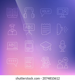 Set line Two sitting men talking, Microphone voice device, Ear listen sound signal, Hola different languages, Chalkboard, Graduate and graduation cap, Open book and Notebook icon. Vector