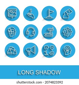 Set line Two sitting men talking, Megaphone, Chalkboard with chart, Planning strategy, Human lamp bulb, Headphones, Gear dollar and Treadmill machine icon. Vector