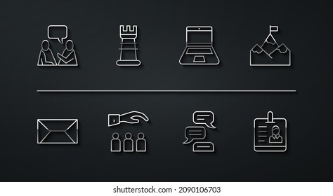 Set line Two sitting men talking, Envelope, Mountains with flag, Speech bubble chat, Boss employee, Business strategy, Identification badge and Laptop icon. Vector